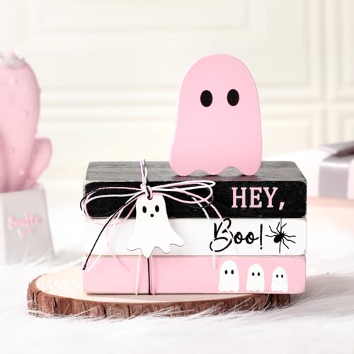 GlikCeil 4 Pcs Halloween Ghost Table Decorations Spooky Wooden Signs,Pink - color: Pink