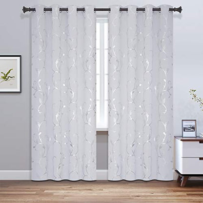 BUHUA Thermal Insulated Flower Vine Curtains Blackout 96 Inch Long Curtains for Living Room 52W×96L Inch Greyish White 1 Pair - color: Greyish White, size: 52"W x 96"L (Pack of 2)