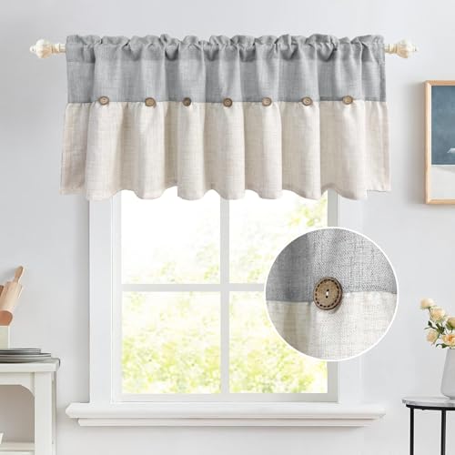 Farmhouse Boho Linen Button Valance for Kitchen Window Dining Room - color: Grey, size: 52"W x 20"L (Pack of 1)