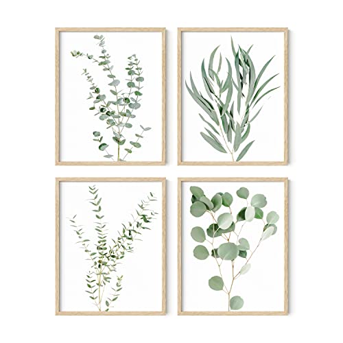 HAUS AND HUES Botanical Plant Wall Art - Set of 4 Prints, Floral Kitchen Decor, Boho Leaf Eucalyptus Wall Art, Green Botanical Poster (Beige Frame, 11x14) - color: Eucalyptus Leaves, size: 11x14, style: Beige Framed