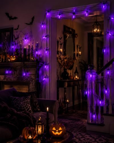 12FT Halloween Purple Spider String Lights, Plug-in 20 LED Decor - color: Purple Spider Lights