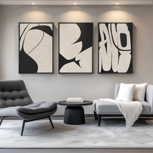 Large Framed Neutral Abstract Wall Art, 3 Piece Black and Beige, 24x36 In - color: Black & Beige Forms, size: 24" W x 36" H x 3pcs