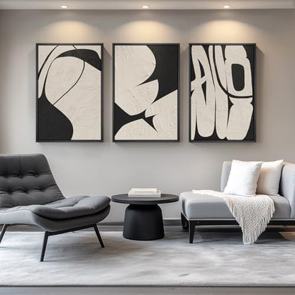 Large Framed Neutral Abstract Wall Art, 3 Piece Black and Beige, 24x36 In - color: Black & Beige Forms, size: 24" W x 36" H x 3pcs