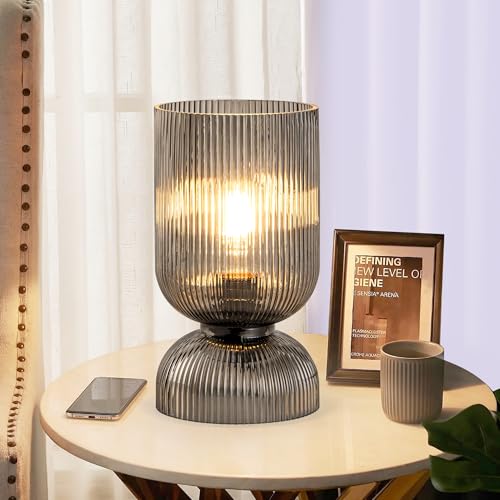 Modern Table Lamp,Glass Mid Century Lamp with Smoky Gray Glass Shade, Bedside Lamp with On/Off Switch, Minimalist Nightstand Lamp for Bedroom, Living Room, Office (Bulb not Included) - color: Gray
