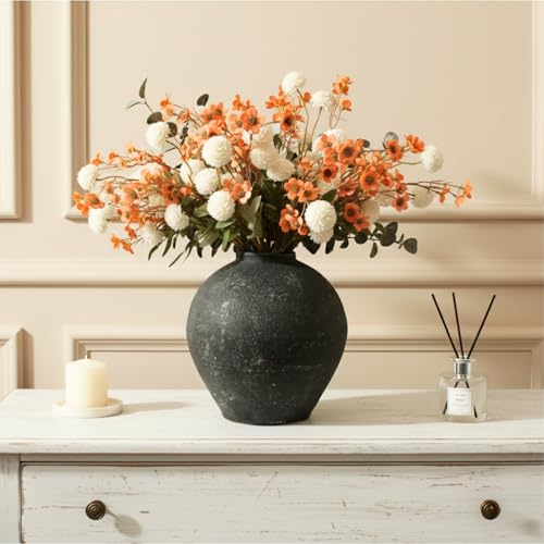 Handmade Large Rustic Ceramic Vase 10.6 inches Tall, Farmhouse - color: Black