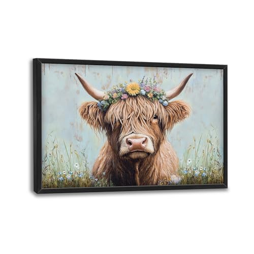Trulave Large Highland Cow Pictures Wall Art for Living Room 36''x24'' | Cow with Flowers Framed Wall Decor Animal Canvas Pictures Painting Modern Artwork for Bathroom Bedroom Office - color: Highland Cow3, size: 36"L x 24"W