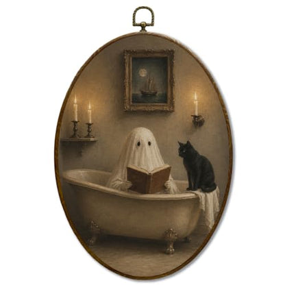JQF Halloween Ghost Black Cat Bathroom Oval Wall Decor Framed 8.5x11.5 Inch - color: ghost bathroom-1