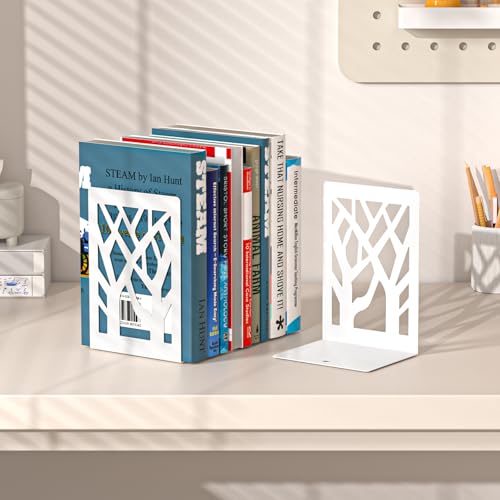 VFINE Withe Bookend 4-Piece, Tree Design Bookends for Shelves, Metal Book Ends for Desk, Decoration Stylish Bookshelf Bookends for Home Office School Supplies - style: White bookend 2 pairs