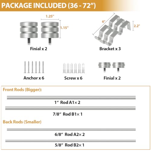 TONIAL 1 Inch Double Curtain Rods for Windows, 36 to 72 Inch, Silver - color: Silver, size: 36-72"