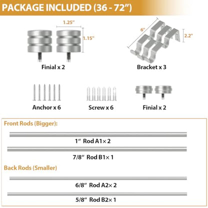 TONIAL 1 Inch Double Curtain Rods for Windows, 36 to 72 Inch, Silver - color: Silver, size: 36-72"