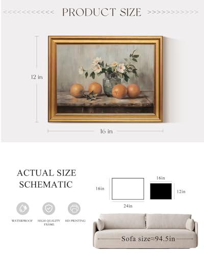 VIYYIEA Gold Framed Wall Art, Oranges Still Life Print Kitchen Wall Art - color: White Roses Vase, size: 16"L x 12"W