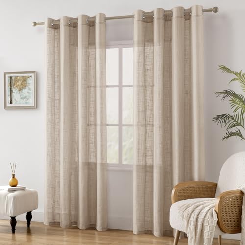 HOMEIDEAS Taupe Curtains 84 Inches Long, Linen Textured Sheer Curtain - color: Beige/Taupe, size: 52"W x 84"L (Pack of 2)