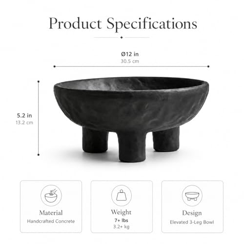 Black Concrete Decorative Bowl, 12 Inch Large Footed Bowl for Home Decor, Heavyweight Pedestal Bowl, Matte Black Centerpiece Bowl for Coffee Table, Shelf, Console, Entryway, Outdoor Styling