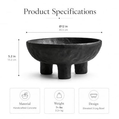 Black Concrete Decorative Bowl, 12 Inch Large Footed Bowl for Home Decor, Heavyweight Pedestal Bowl, Matte Black Centerpiece Bowl for Coffee Table, Shelf, Console, Entryway, Outdoor Styling
