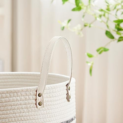 VIPOSCO 58L Tall Woven Rope Laundry Hamper, Leather Handles, Stripe White - color: Stripe White, size: 58L