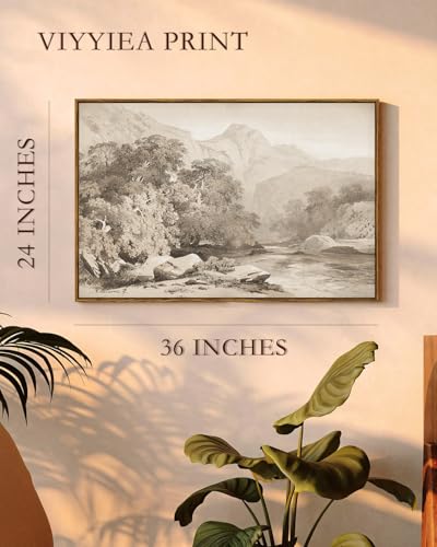 VIYYIEA Large Framed Canvas Wall Art, 24x36 Inch Neutral Vintage Landscape Wall Decor, Minimalist Mountain Scenery for Living Room, Bedroom, Above Sofa - color: Serene Landscape, size: 36"L x 24"W