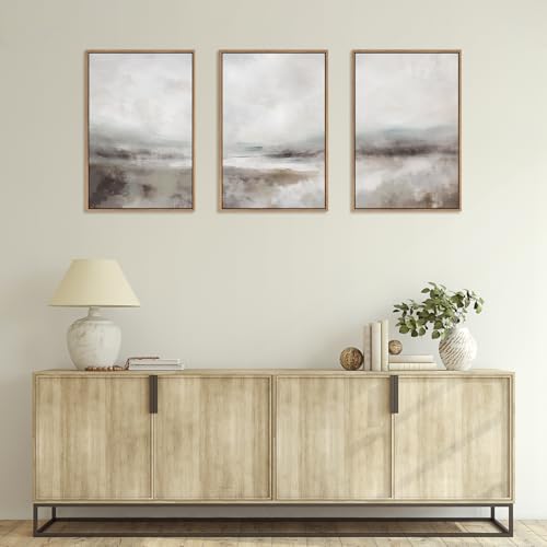 HLNIUC Large Abstract Neutral 3 Piece Wall Art Framed, Gray Lake Landscape Canvas Decor(16x24), Watercolor Smoky Mountain Wall Painting, Modern Minimalist Art Prints for Living Room, Bedroom, Office - color: Neutral, size: 16"L x 24"W