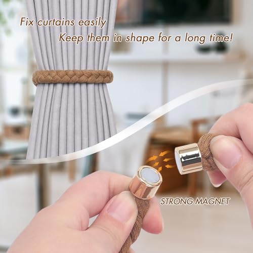 NICEEC 2 Pack Natural Cotton Rope Magnetic Curtain Tiebacks Elegant Twisted Braid Style Drape Tie Backs Soft Hand-Woven Rope Curtain Holdbacks for Home & Office Window Draperies (Khaki-02) - color: Khaki-02, size: 2 Pack
