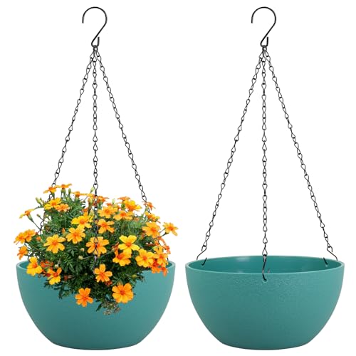 Meowell 8 inch Small Hanging Planters Plant Pots for Indoor Outdoor Plants, 2 Pack Hanging Flower Pots with Drainage Holes and Chain for Garden, Plastic Hanging Baskets for House Plants, Blue Green - color: Blue-green, size: 8inch 2pcs