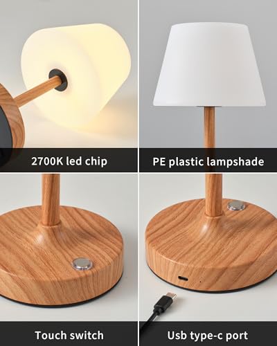 PUSU Cordless LED Wood-Grain Small Table Lamp, Waterproof Shower Desk lamp - color: Wood-grain (Metal + PE Plastic)