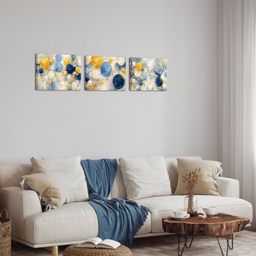 Nachic Wall Blue Gold Abstract Wall Art Canvas Circles Paintings Geometric Pictures for Bedroom Bathroom Wall Decor 12"x16"x3pcs