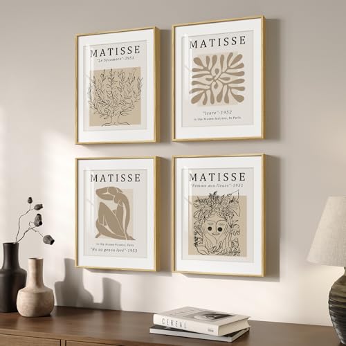 Framed Neutral Beige Matisse Abstract Wall Art for Bathroom, 12x16 Inch - color: Neutral, size: 12" W x 16" H x 4Pcs