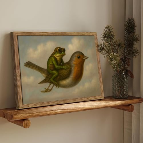 Vintage Frog Riding Bird Framed Wall Art, Whimsical Aviator Frog Oil Painting Print with Wood Frame, Antique Cottagecore Animal Picture Wall Decor for Living Room Bedroom Nursery 12x16 inch - color: Frog Riding a Bird, size: 16"L x 12"W