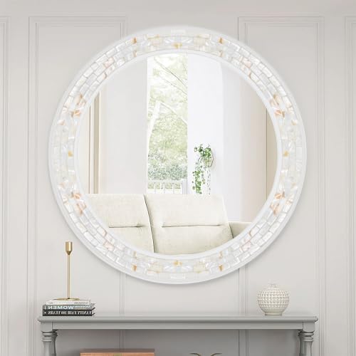 Round Bathroom Mirror 36 Inch, White Framed Mosaic Shell Mirrors - size: 36"L x 36"W