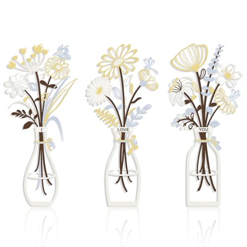 3 Pieces Metal Flowers Wall Art Decor, House Minimalist Bathroom Wall Decors Sculptures for Living Room Dining Room Bedroom Housewarming Gifts - color: White-yellow