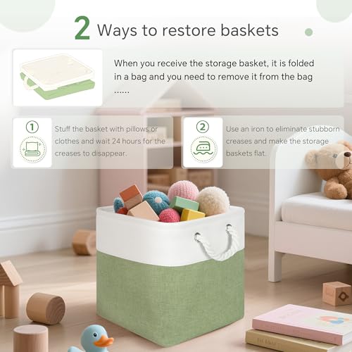FinishingBo 11 inch Cube Storage Bin with Handles 6 Pack - color: White/Green-6 Pack