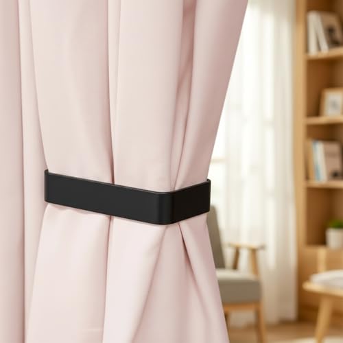 Grevosea 2 Pack Adhesive Curtain Holdbacks No Drill Curtain Tiebacks Curtain Holders for Wall Drapes Window Treatment Curtain Hooks for Home Office Decor (Black)