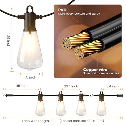 Kawaya ST38 Outdoor String Lights 200FT for Patio Garden Porch Bistro Cafe - size: 200FT