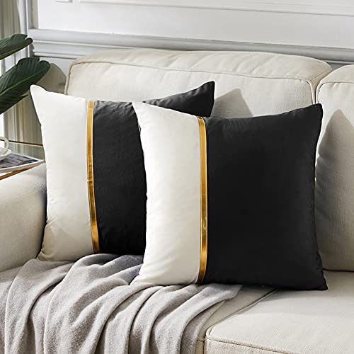 Fancy Homi 2 Packs Black Decorative Throw Pillow Covers 20x20 Inch for Living Room Couch Bed, Black and White Velvet Patchwork with Gold Leather, Luxury Modern Home Decor, Accent Cushion Case 50x50 cm - color: Black, size: 20" x 20" (Pack of 2)