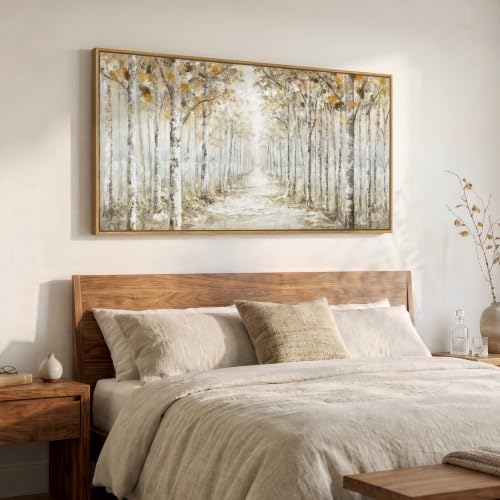 Framed Birch Tree Forest Landscape Wall Art for Living Room, 60x30 Inch - color: Brown White