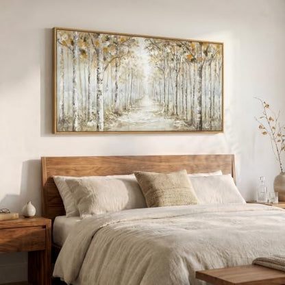 Framed Birch Tree Forest Landscape Wall Art for Living Room, 60x30 Inch - color: Brown White