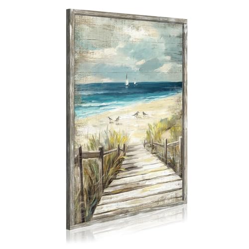 Framed Beach Seascape Wood Artwork: Vertical Rustic Ocean Boardwalk Artwork Vintage Coastal Wave Scene Painting Nature Sea Grass Wall Art Contemporary Nautical Landscape Prints for Bedroom - color: Boardwalk, size: 36"L x 24"W