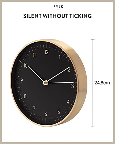LUUK LIFESTYLE Modern Silent Quartz Wall Clock, 10in, Black & Gold | Chic & Minimalist, Non-ticking, Analog, Arabic numerals, Easy-to-read, Battery operated, for Living Room, Mantel, Foyer - color: Black & Gold, 10"