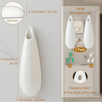 White Ceramic Wall Vases, Set of 2, 12 Inch, Teardrop Design - color: 2pcs-large