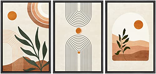 wall26 Framed Canvas Print Wall Art Set Boho Mid-Century Geometric Desert Plant Sun Nature Abstract Illustrations Modern Art Bohemian Decorative for Living Room, Bedroom, Office - 16"x24"x3 Black - color: A46-2204-est17, size: 16" x 24" x 3 Panels BLACK