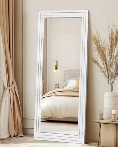 65x24in Full Length Mirror, 3-Tier Stepped Solid Wood Frame, White - color: White, size: 65"L x 24"W