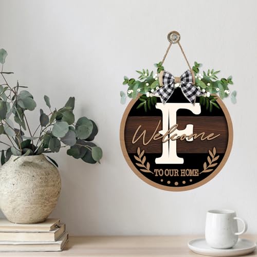 Monogram Letter F Front Door Sign, Welcome to Our Home Family Last - color: F