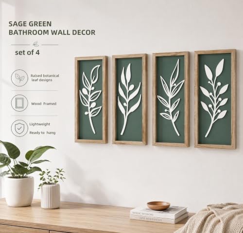 3D Tree Leaf Boho Wall Art, Sage Green, Wooden Framed, Set of 4 - color: 4 Pcs Sage Green, size: 7"X16"