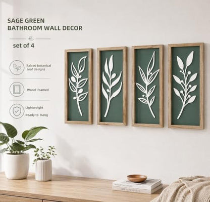 3D Tree Leaf Boho Wall Art, Sage Green, Wooden Framed, Set of 4 - color: 4 Pcs Sage Green, size: 7"X16"