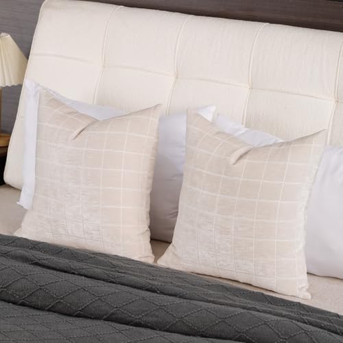 HPUK Checkered Throw Pillow Covers 18x18 Inch, Soft Cut Velvet, Set of 2 - color: Chenil Check-beige