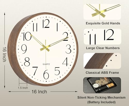 16 Inch Wall Clock, Silent Analog Clock Battery Operated - color: Brown Wood Grain, size: 16In