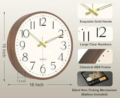 16 Inch Wall Clock, Silent Analog Clock Battery Operated - color: Brown Wood Grain, size: 16In