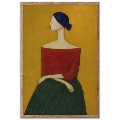 Vintage Women Canvas Wall Art Retro Portrait of a Young Woman Painting Print Bold Red and Emerald Green Female Poster Artwork Mid Century Figurative Oil Painting for Home Wall Decor-16" x 24" UNFRAMED - color: Young Woman
