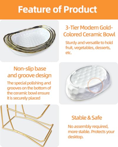 Fruit Bowl for Kitchen Counter, 3-Tier Fruit Basket, Ceramic Fruit Bowl with Metal Stand for Fruit, Vegetable Storage, Snack, Nuts, Dessert, Cake, Stylish & Cute