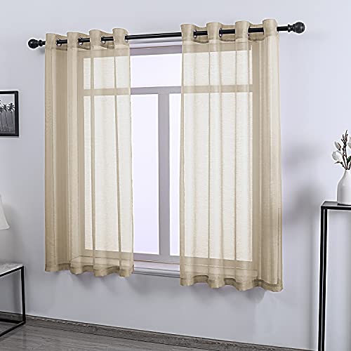 DONREN Taupe Textured Sheer Voile See Through Window Curtain Grommet Panels for Bedroom,Living Room(Tan,52 W x 63 inch Long,2 Piece) - color: Taupe, size: 52"W x 63"L (Pack of 2)