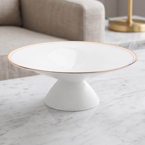 DOWAN 9 Inch Gold Rimmed Footed Decorative Bowl, 42% Bone China Fruit Bowl with Double Gold Line Design, European Ceramic Bowl for Entryway Coffee Table Decor & Storage, Dishwasher Safe